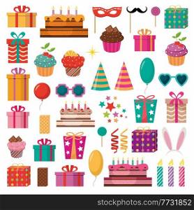 Birthday and holiday icons set. Vector illustration