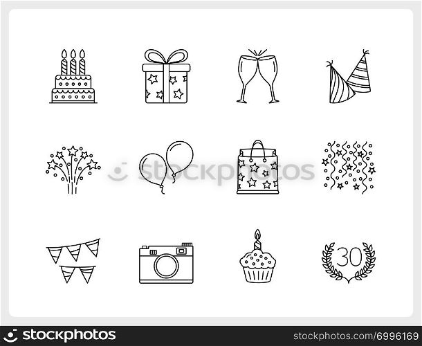 Birthday and party line icons, vector eps10 illustration. Birthday Line Icons
