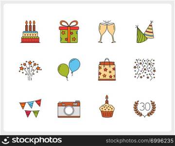 Birthday and party line icons, vector eps10 illustration. Birthday Line Icons