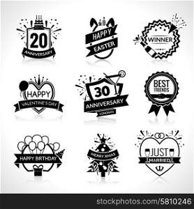 Birthday and wedding celebration black emblems set isolated vector illustration. Celebration Black Emblems Set