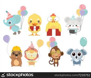 Birthday Animal Collection in cartoon style. . Birthday Animal Collection.