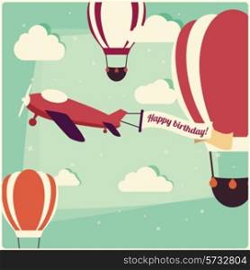 Birthday background hot air balloons and an airplane, vector illustration