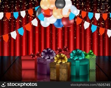 Birthday background of party with color balloons and gift boxes on curtain background.Vector