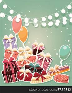 Birthday background with sticker presents and balloons, vector illustration