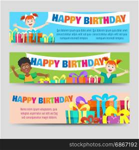 Birthday banners template. Birthday banners template with kids and gifts, vector illustration