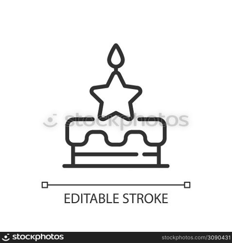Birthday bonus pixel perfect linear icon. Raising employee emotional commitment. Workplace celebration. Thin line illustration. Contour symbol. Vector outline drawing. Editable stroke. Arial font used. Birthday bonus pixel perfect linear icon