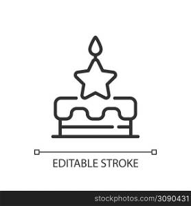 Birthday bonus pixel perfect linear icon. Raising employee emotional commitment. Workplace celebration. Thin line illustration. Contour symbol. Vector outline drawing. Editable stroke. Arial font used. Birthday bonus pixel perfect linear icon