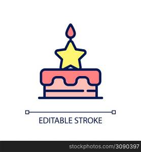 Birthday bonus pixel perfect RGB color icon. Raising employee emotional commitment. Workplace celebration. Isolated vector illustration. Simple filled line drawing. Editable stroke. Arial font used. Birthday bonus pixel perfect RGB color icon