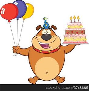 Birthday Brown Bulldog Cartoon Mascot Character Holding Up A Birthday Cake With Candles