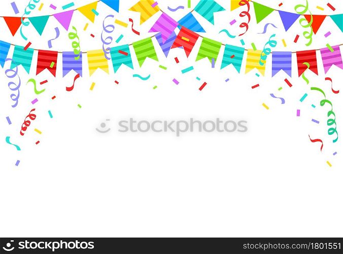 Birthday bunting flags, ribbons and confetti festive background. Cartoon holiday party celebration decorations vector illustration. Birthday party flags for congratulations. Greeting card design. Birthday bunting flags, ribbons and confetti festive background. Cartoon holiday party celebration decorations vector illustration. Birthday party flags