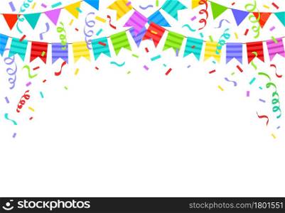 Birthday bunting flags, ribbons and confetti festive background. Cartoon holiday party celebration decorations vector illustration. Birthday party flags for congratulations. Greeting card design. Birthday bunting flags, ribbons and confetti festive background. Cartoon holiday party celebration decorations vector illustration. Birthday party flags