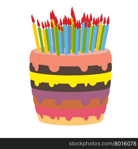 Birthday cake and lots of candles. Burn lot of candles. Sweetness for holiday. Beautiful confectionary product on white background.&#xA;