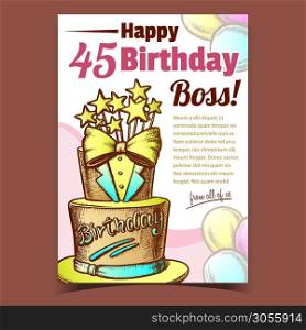 Birthday Cake Decorated In Suit Form Banner Vector. Boss Happy Birthday Festive Pie For Men Decorate With Bow Tie And Stars Template Hand Drawn In Vintage Style Colored Illustration. Birthday Cake Decorated In Suit Form Banner Vector