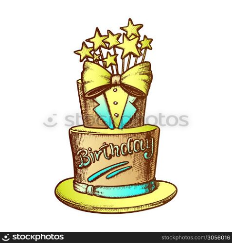 Birthday Cake Decorated In Suit Form Ink Vector. Birthday Festive Pie For Men Decorate With Bow Tie And Stars Engraving Template Hand Drawn In Vintage Style Color Illustration. Birthday Cake Decorated In Suit Form Ink Vector