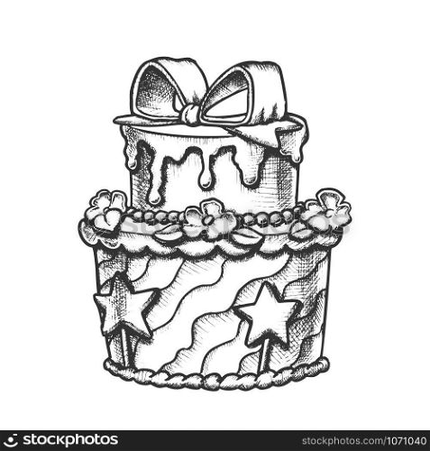 Birthday Cake Decorated With Bow Retro Vector. Girl Birthday Celebration Sweet Pie Ornamented Creamy Flowers And Stars Engraving Template Hand Drawn In Vintage Style Black And White Illustration. Birthday Cake Decorated With Bow Retro Vector