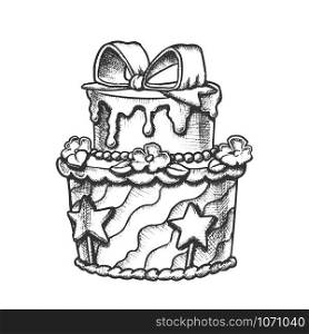 Birthday Cake Decorated With Bow Retro Vector. Girl Birthday Celebration Sweet Pie Ornamented Creamy Flowers And Stars Engraving Template Hand Drawn In Vintage Style Black And White Illustration. Birthday Cake Decorated With Bow Retro Vector