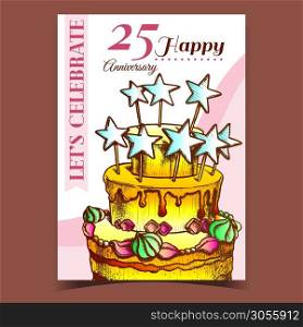 Birthday Cake Decorated With Stars Poster Vector. Anniversary Happy Birthday Celebrate Pie With Ornamental Buttercream Concept Template Hand Drawn In Vintage Style Colorful Illustration. Birthday Cake Decorated With Stars Poster Vector