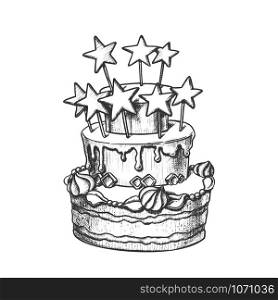 Birthday Cake Decorated With Stars Retro Vector. Birthday Celebration Pie With Ornamental Buttercream Engraving Concept Template Hand Drawn In Vintage Style Black And White Illustration. Birthday Cake Decorated With Stars Retro Vector