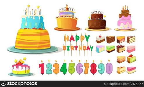 Birthday cake. Happy anniversary party cakes, bakery icons. Cartoon cream sweets, delicious baked. Numbers and letters with candles vector festive bundle. Illustration birthday celebration. Birthday cake. Happy anniversary party cakes, bakery icons. Cartoon cream sweets, delicious baked. Numbers and letters with candles vector festive bundle