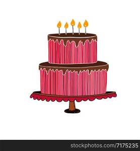 Birthday cake illustration. Invitation party decoration. Happy birthday pink cake for greeting card. Holidays vector design
