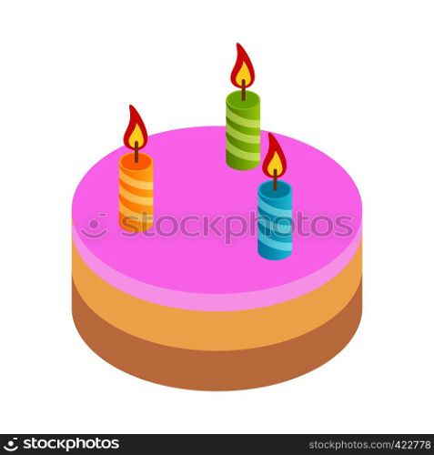 Birthday cake isometric 3d icon. Cake with 3 candles on a white background. Birthday cake isometric 3d icon