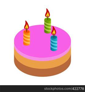 Birthday cake isometric 3d icon. Cake with 3 candles on a white background. Birthday cake isometric 3d icon