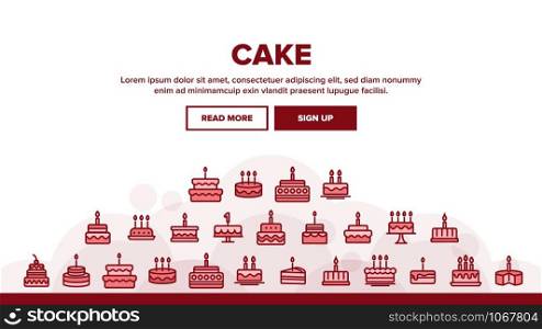 Birthday Cake Landing Web Page Header Banner Template Vector. Sweet Dessert Cream Cake And Pie With Candles Linear Pictograms. Anniversary Celebration Delicious Food Illustration. Birthday Cake Landing Header Vector