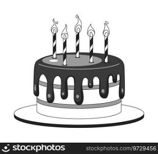 Birthday cake lit candles black and white 2D cartoon object. Happy birthday dessert isolated vector outline item. Childhood celebration. Brownie chocolate cake monochromatic flat spot illustration. Birthday cake lit candles black and white 2D cartoon object