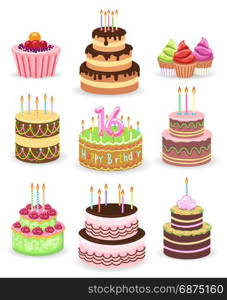 Birthday cake set isolated on white. Birthday cake set isolated on white background. Tasty anniversary party cakes with candles and chocolate vector illustration for greeting cards