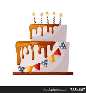 Birthday cake with burning candles, melted chocolate glaze icing and flags decoration. Birthday party, celebration, holiday, event, festive, bakery, tasty food concept. Cartoon vector