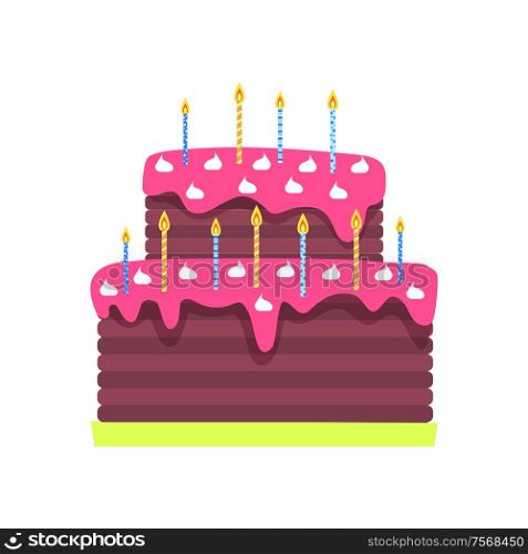 Birthday cake with burning candles vector isolated icon. Sweet dessert with pink topping and marshmallows, Bday holiday or anniversary traditional confectionery. Birthday Cake with Burning Candles Vector Isolated