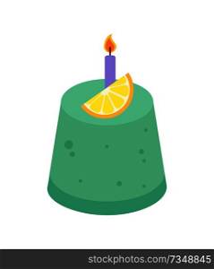 Birthday cake with candle and slice of orange, cupcake for holiday celebration, bakery with fruit of green color, vector illustration isolated on white. Birthday Cake with Candle Vector Illustration