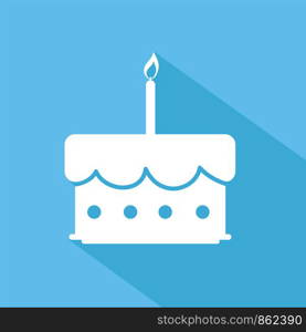 birthday cake with candle flat icon on blue with shadow, stock vector illustration