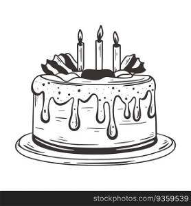 Birthday cake with candles hand drawn illustration. Ink sketch of biscuit cake with cream in icing. Sweet traditional festive cake, doodle style. Baking outline, vector. Birthday cake with candles hand drawn illustration