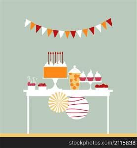 Birthday cake with candles. Sweet buffet. Dessert table. Vector illustration.. Dessert bar with cake. Vector illustration.