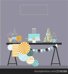 Birthday cake with candles. Sweet buffet with paper Pom Poms and garlands. Dessert table. Vector illustration.. Birthday cake with candles. Dessert table.