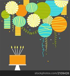 Birthday cake with candles. Vector background with paper Pom Poms, lanterns and garlands. . Birthday cake with candles. Vector background with paper Pom Poms, lanterns