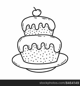 Birthday cake with cherries. Vector doodle illustration. Sketch.