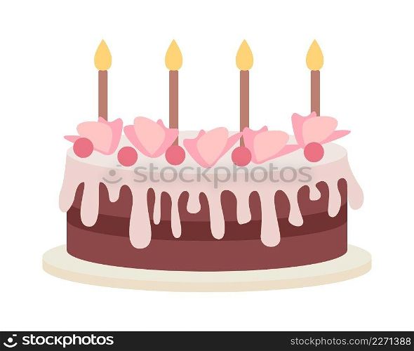 Birthday cake with decorations semi flat color vector object. Full sized item on white. Party fare. Delicious dessert simple cartoon style illustration for web graphic design and animation. Birthday cake with decorations semi flat color vector object