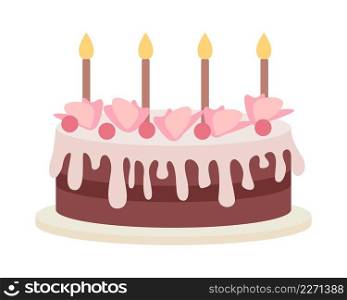Birthday cake with decorations semi flat color vector object. Full sized item on white. Party fare. Delicious dessert simple cartoon style illustration for web graphic design and animation. Birthday cake with decorations semi flat color vector object