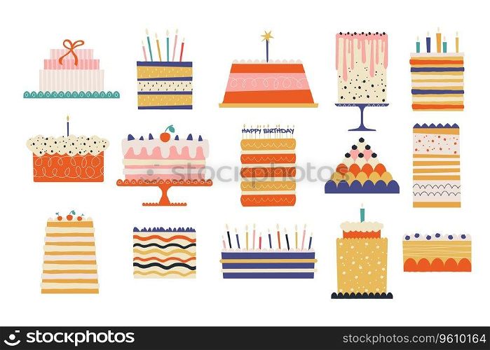 Birthday cakes. Cartoon sweet desserts with colorful decorations, creative bakery products for party celebration, delicious pastry. Vector flat set. Tasty biscuit with topping or and fruit cream. Birthday cakes. Cartoon sweet desserts with colorful decorations, creative bakery products for party celebration, delicious pastry. Vector flat set