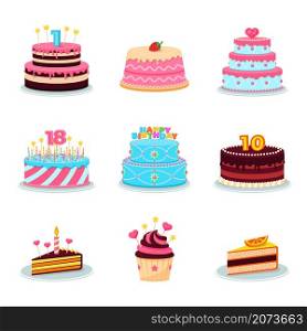 Birthday cakes set. Party cake, anniversary candles cupcake. Homemade celebration cream food, flat party decoration recent vector elements. Celebration birthday cake with cream illustration. Birthday cakes set. Party cake, anniversary candles cupcake. Homemade celebration cream food, flat party decoration recent vector elements
