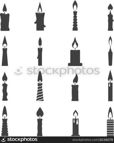 Birthday candle black vector icons isolated on white. Birthday burning candles black icons isolated on white background. Vector illustration