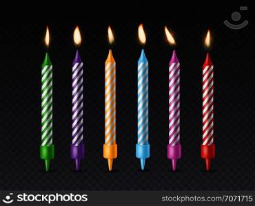 Birthday candle. Candlelight birthday party cake wax burning candle with flicker fire for holiday cakes isolated vector set. Birthday candle. Candlelight birthday party cake wax burning candle with flicker fire for holiday cakes isolated set