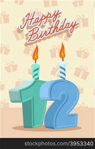 Birthday candle number 12 with flame. vector illustration