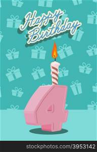 Birthday candle number 4 with flame. vector illustration