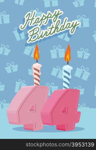 Birthday candle number 44 with flame. vector illustration