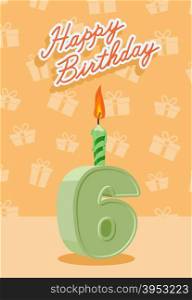 Birthday candle number 6 with flame. vector illustration