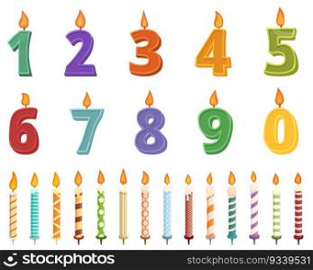 Birthday candles icons set cartoon vector. Year number. Age party. Birthday candles icons set cartoon vector. Year number
