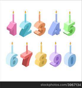 Birthday candles isometric set. 3D festive accessories. collection of figures for holiday and birthday anniversary
